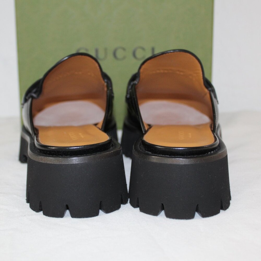 NWB Gucci Horsebit GG Lug Sole Black Leather Flats Mules Slip Ons 764207 - Picture 6 of 10